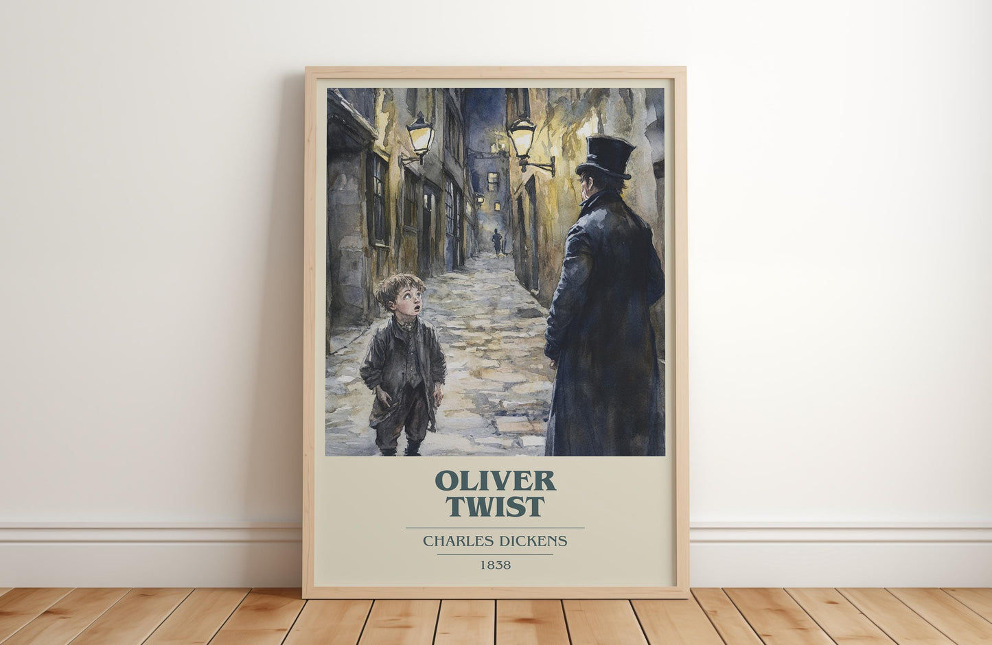 Oliver Twist book cover print in frame leaning in hallway – classic literature wall art