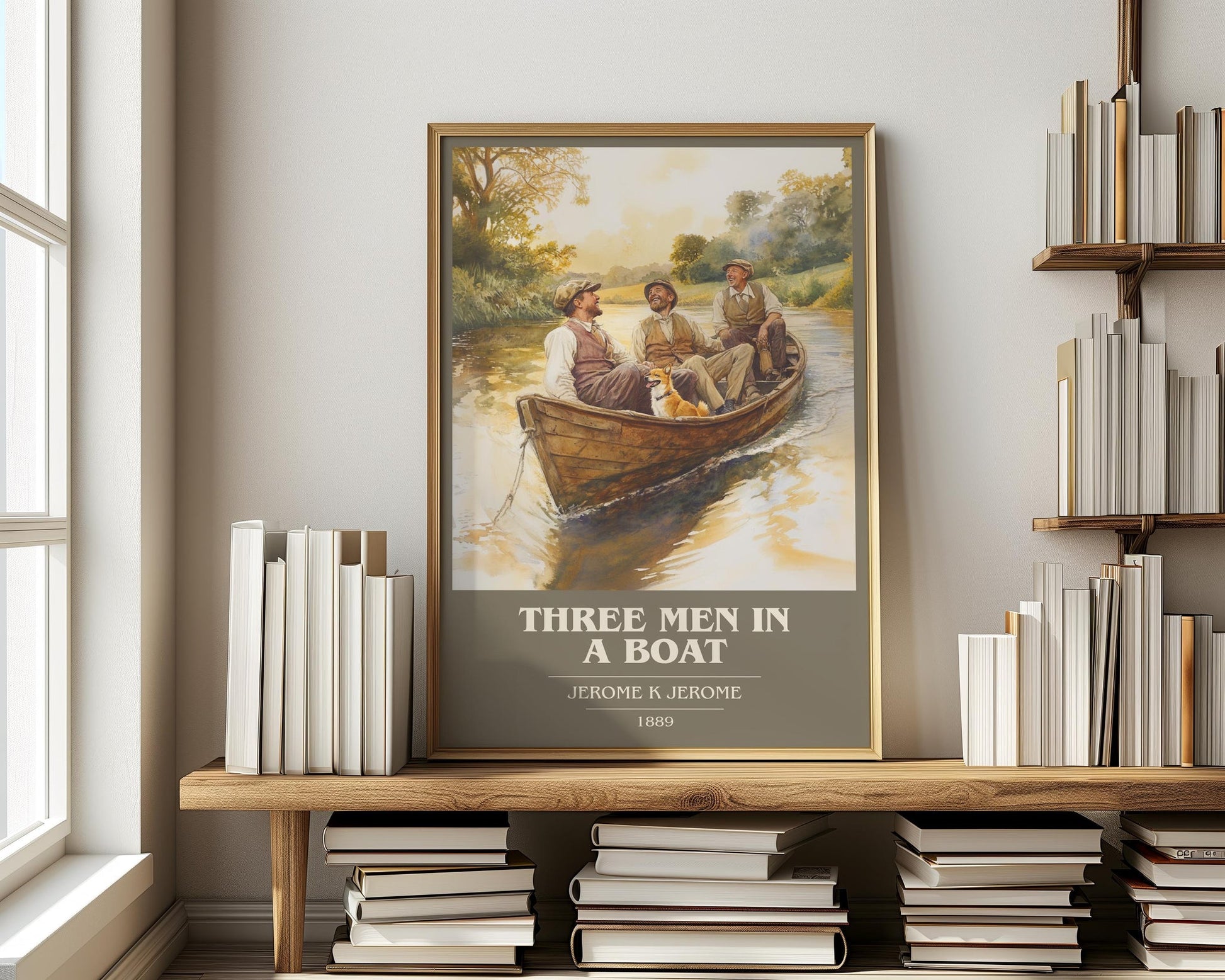 Three Men in a Boat book cover print on bookshelf – Jerome K. Jerome fan gift