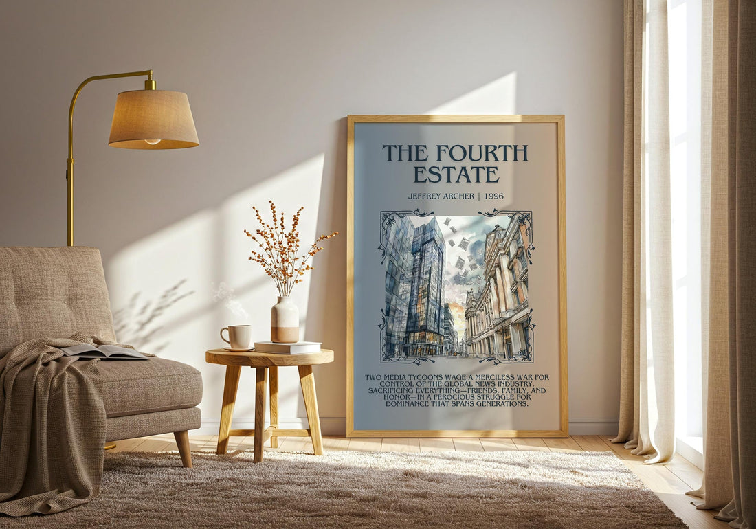 The Fourth Estate minimalist print framed by window – literary home decor (mockup)