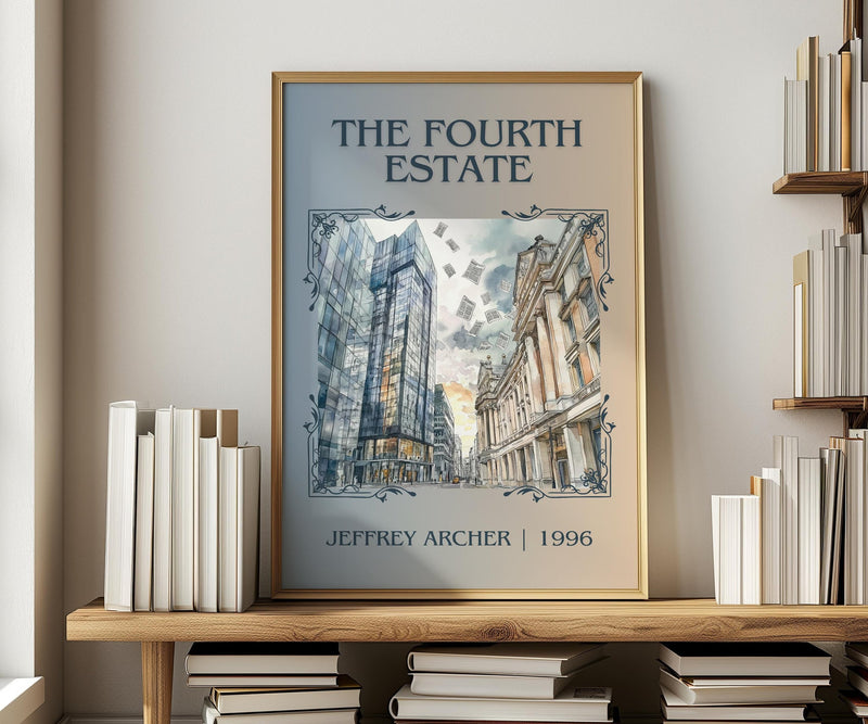 The Fourth Estate classic book art print in frame leaning in hallway – contemporary fiction wall art
