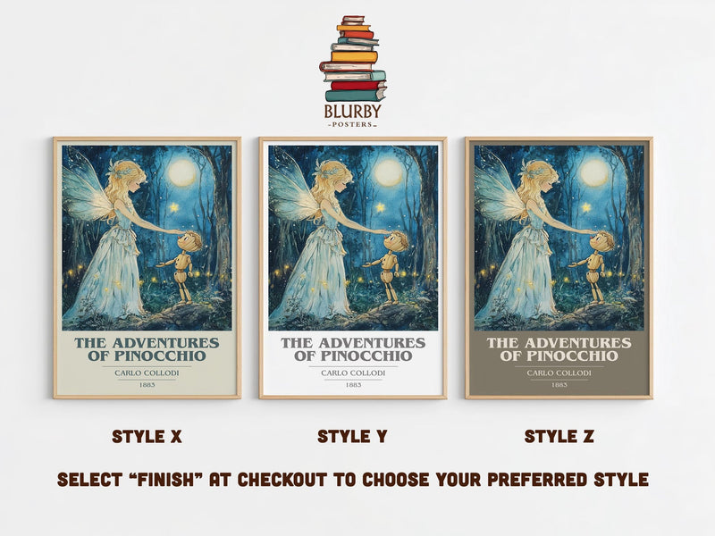 Adventures of Pinocchio book cover poster colour and style options – Carlo Collodi book art