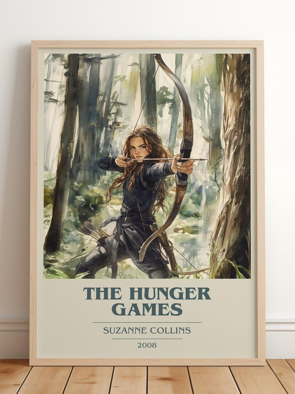Hunger Games book cover print in frame leaning in hallway – dystopian wall art