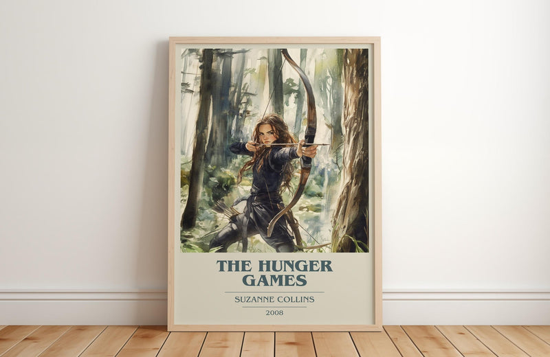 Hunger Games book cover print in frame leaning in hallway – dystopian wall art