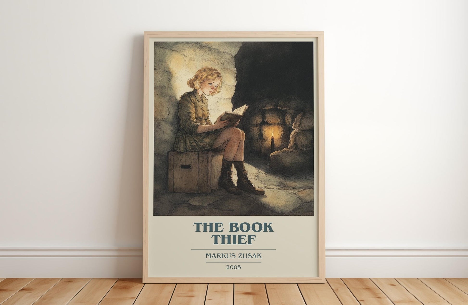 The Book Thief book cover print in frame leaning in hallway – historical fiction wall art