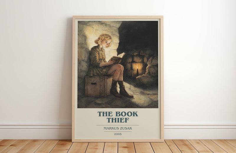 The Book Thief book cover print in frame leaning in hallway – historical fiction wall art