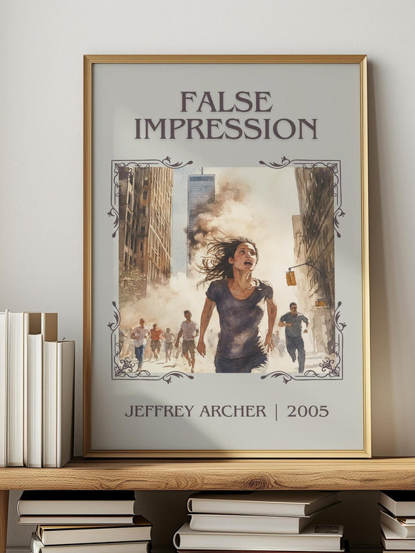 False Impression classic book art print in frame leaning in hallway – thriller wall art