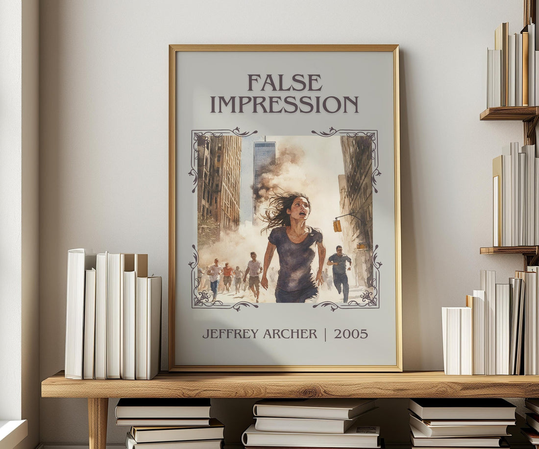 False Impression classic book art print in frame leaning in hallway – thriller wall art (mockup)