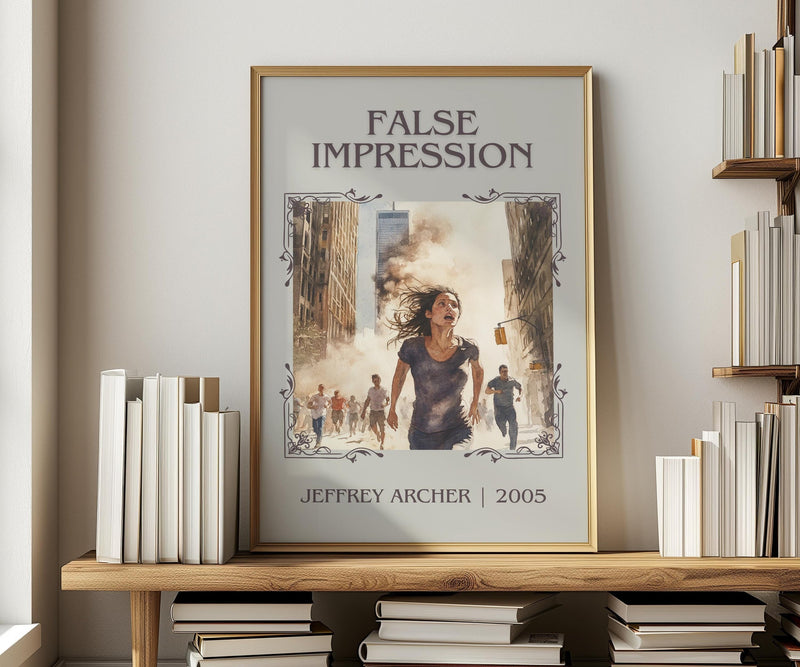 False Impression classic book art print in frame leaning in hallway – thriller wall art