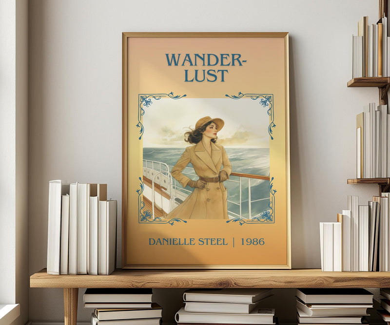 Wanderlust classic book art print in frame leaning in hallway – romance wall art