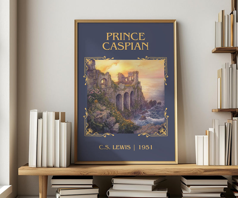 Prince Caspian classic book art print in frame leaning in hallway – childrens wall art