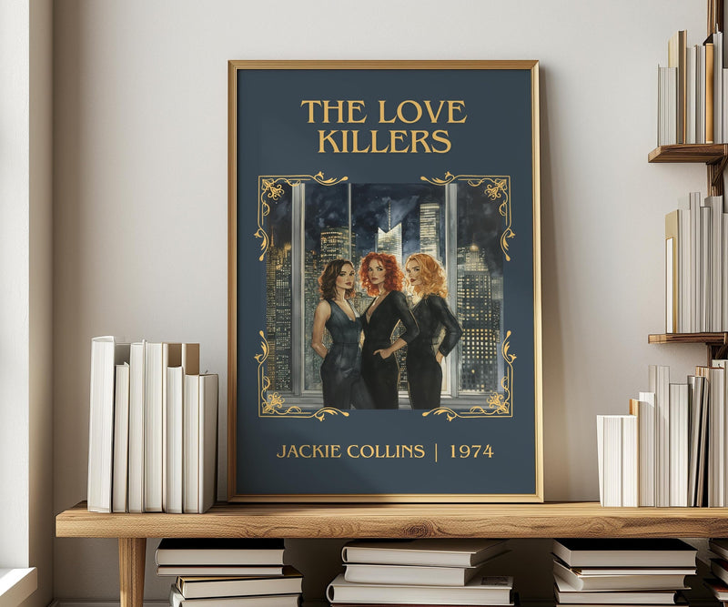 The Love Killers classic book art print in frame leaning in hallway – thriller wall art