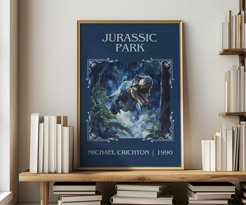 Jurassic Park classic book art print in frame leaning in hallway – sci fi wall art