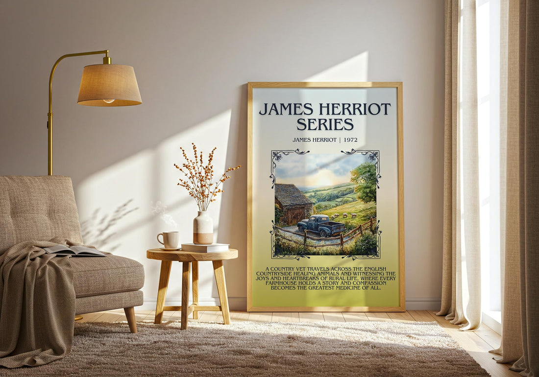 James Herriot Series minimalist print framed by window – literary home decor (mockup)