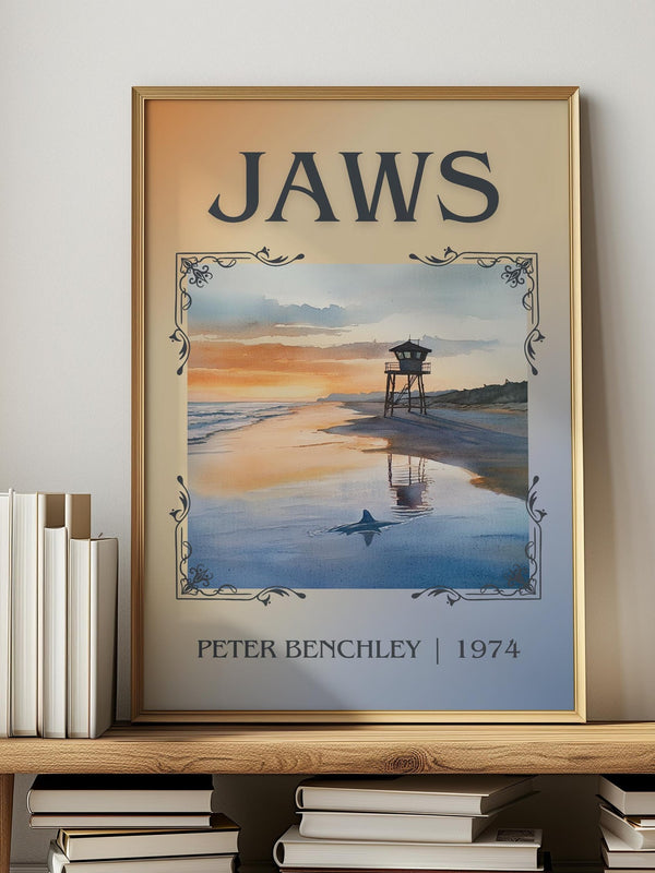 Jaws classic book art print in frame leaning in hallway – thriller wall art