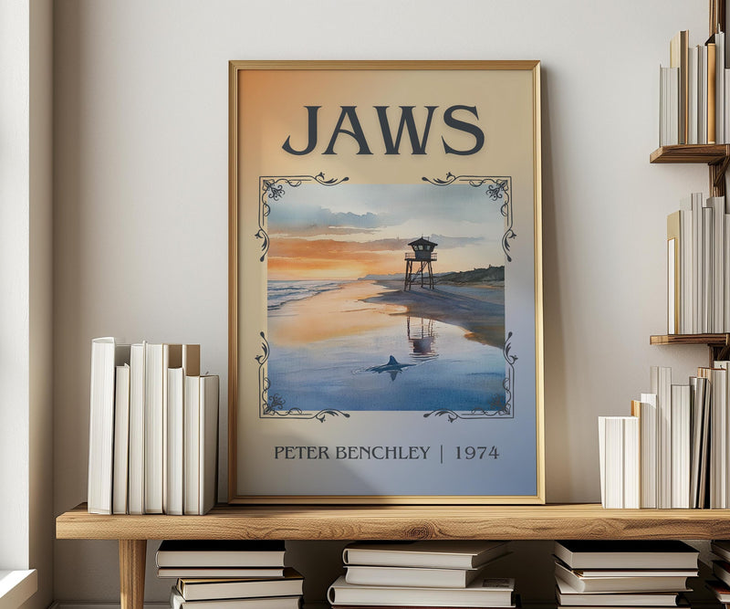 Jaws classic book art print in frame leaning in hallway – thriller wall art