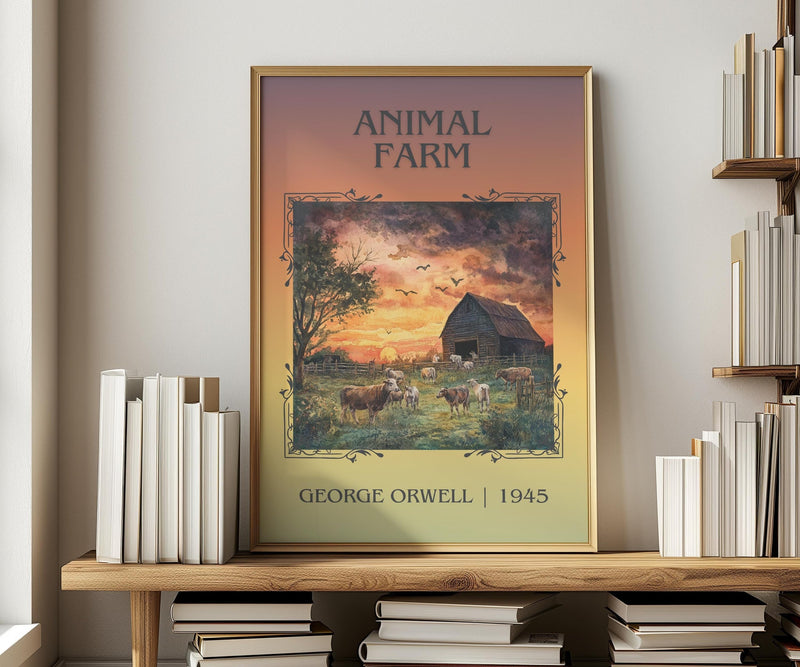 Animal Farm classic book art print in frame leaning in hallway – satire wall art