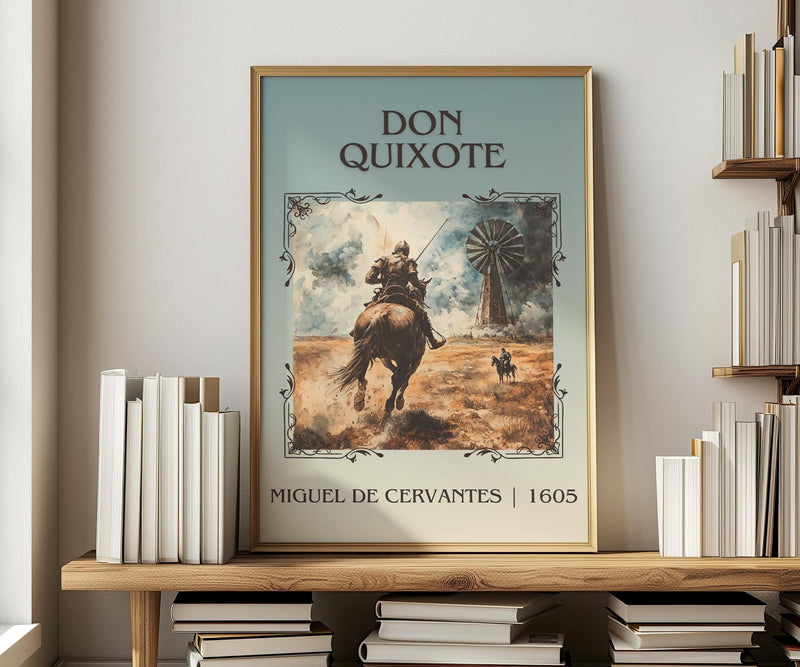 Don Quixote classic book art print in frame leaning in hallway – classic literature wall art