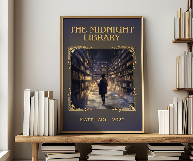 The Midnight Library classic book art print in frame leaning in hallway – contemporary fiction wall art