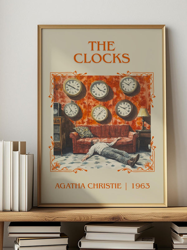 The Clocks classic book art print in frame leaning in hallway – mystery wall art