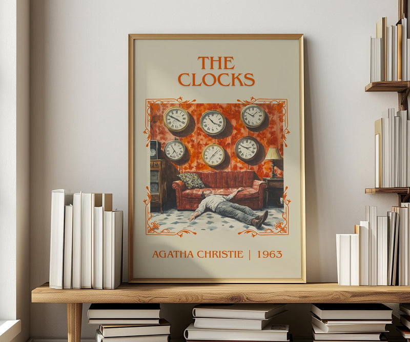 The Clocks classic book art print in frame leaning in hallway – mystery wall art