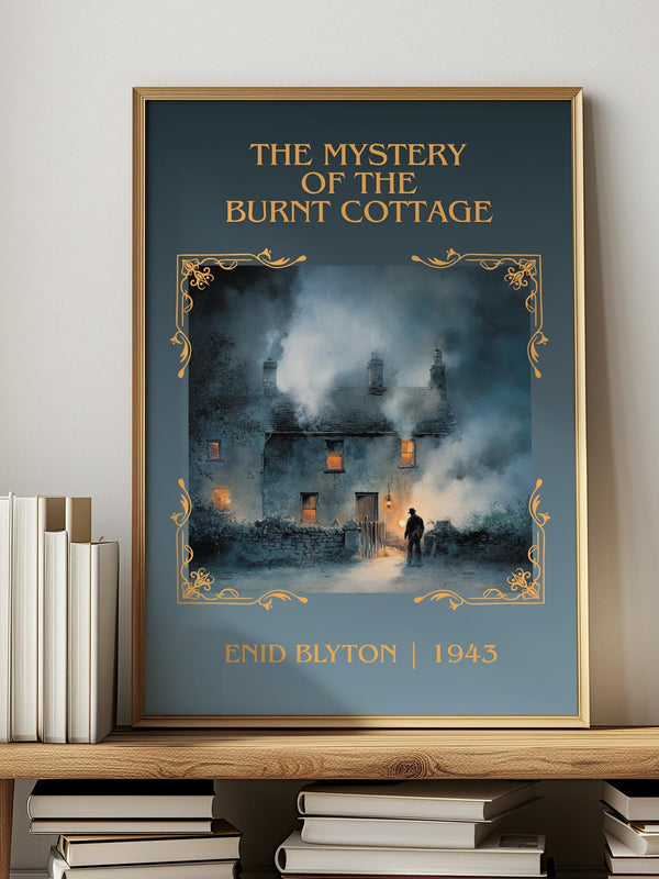 The Mystery of the Burnt Cottage classic book art print in frame leaning in hallway – mystery wall art