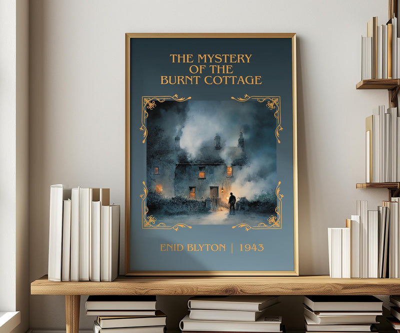 The Mystery of the Burnt Cottage classic book art print in frame leaning in hallway – mystery wall art