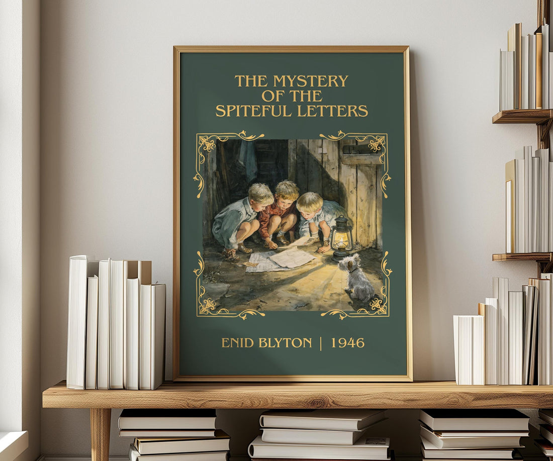 The Mystery Of The Spiteful Letters classic book art print in frame leaning in hallway – mystery wall art (mockup)