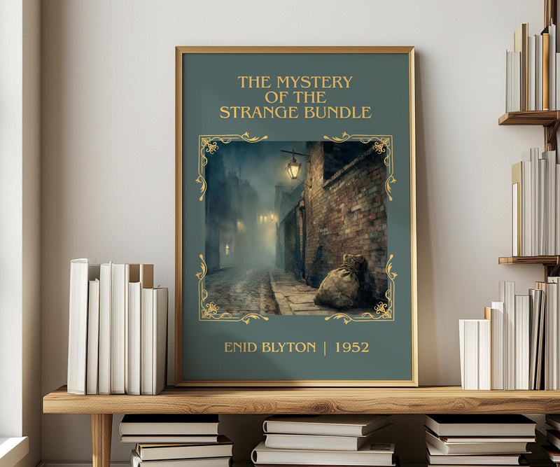 The Mystery of the Strange Bundle classic book art print in frame leaning in hallway – childrens wall art