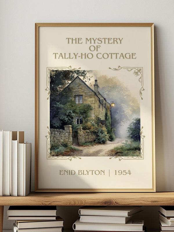 The Mystery of Tally-ho Cottage classic book art print in frame leaning in hallway – mystery wall art