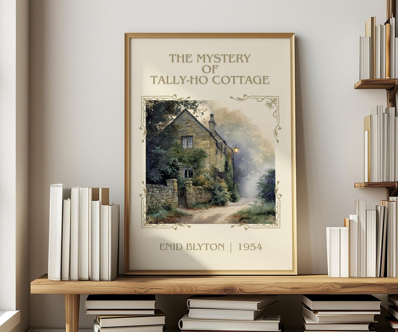The Mystery of Tally-ho Cottage classic book art print in frame leaning in hallway – mystery wall art