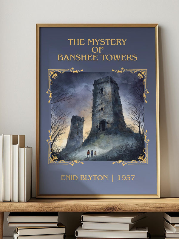 The Mystery Of Banshee Towers classic book art print in frame leaning in hallway – childrens wall art