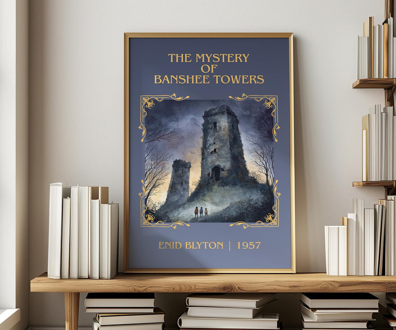 The Mystery Of Banshee Towers classic book art print in frame leaning in hallway – childrens wall art