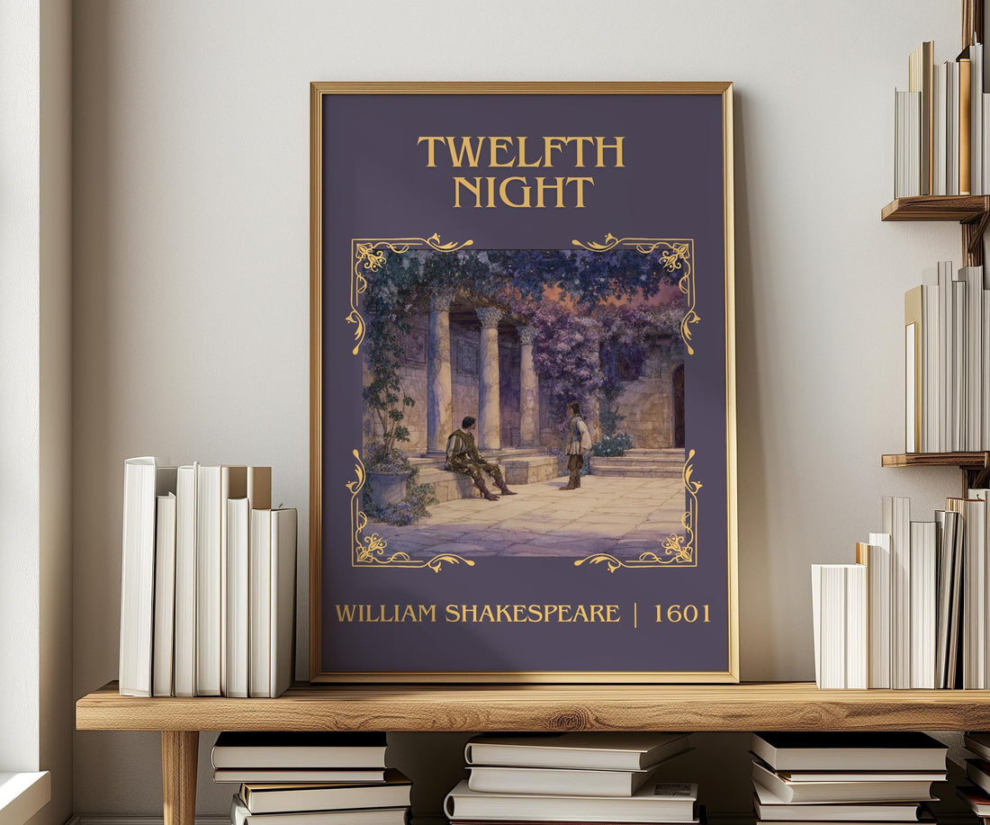 Twelfth Night classic book art print in frame leaning in hallway – classic literature wall art (mockup)