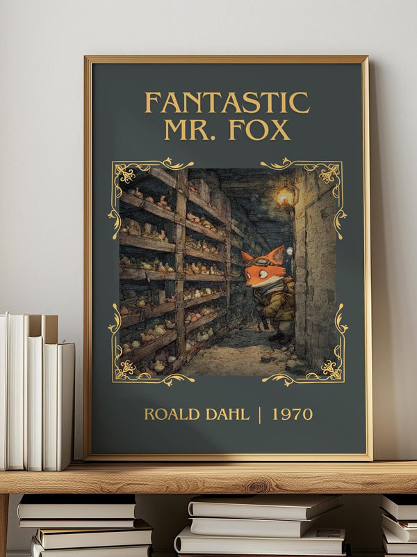 Fantastic Mr. Fox classic book art print in frame leaning in hallway – childrens wall art