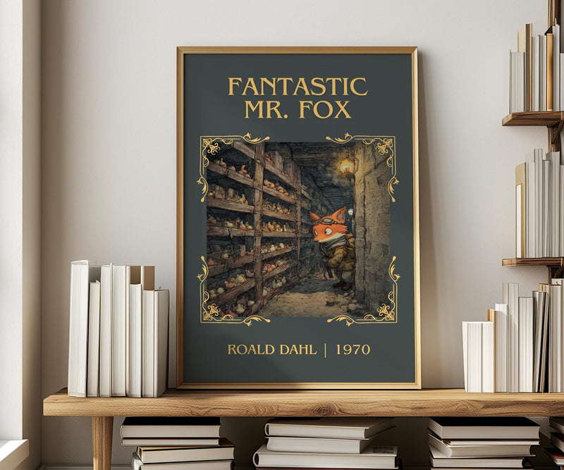 Fantastic Mr. Fox classic book art print in frame leaning in hallway – childrens wall art