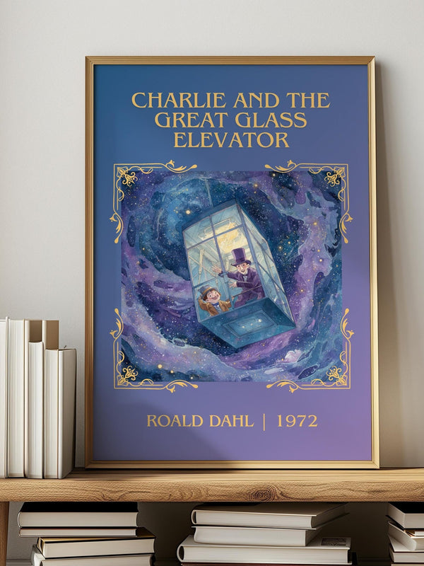 Charlie and the Great Glass Elevator classic book art print in frame leaning in hallway – childrens wall art