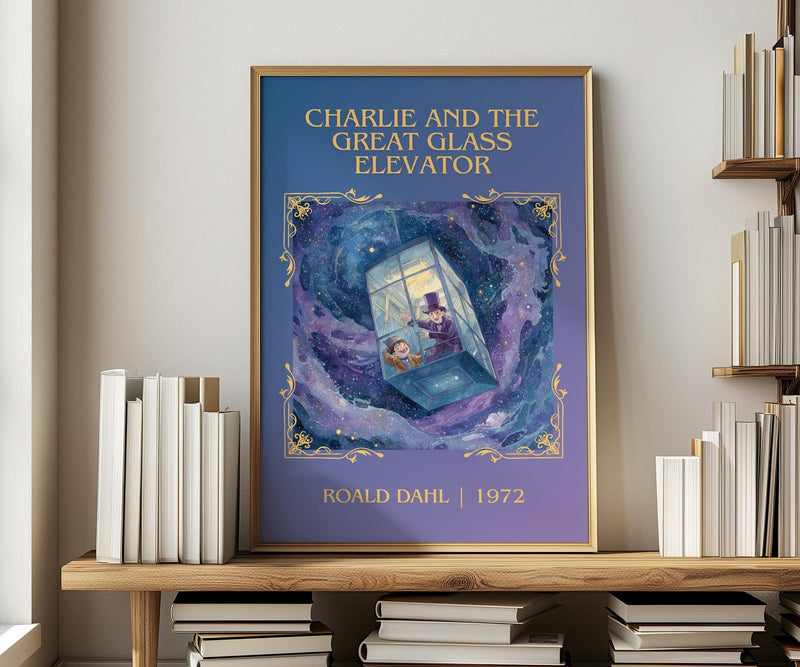 Charlie and the Great Glass Elevator classic book art print in frame leaning in hallway – childrens wall art