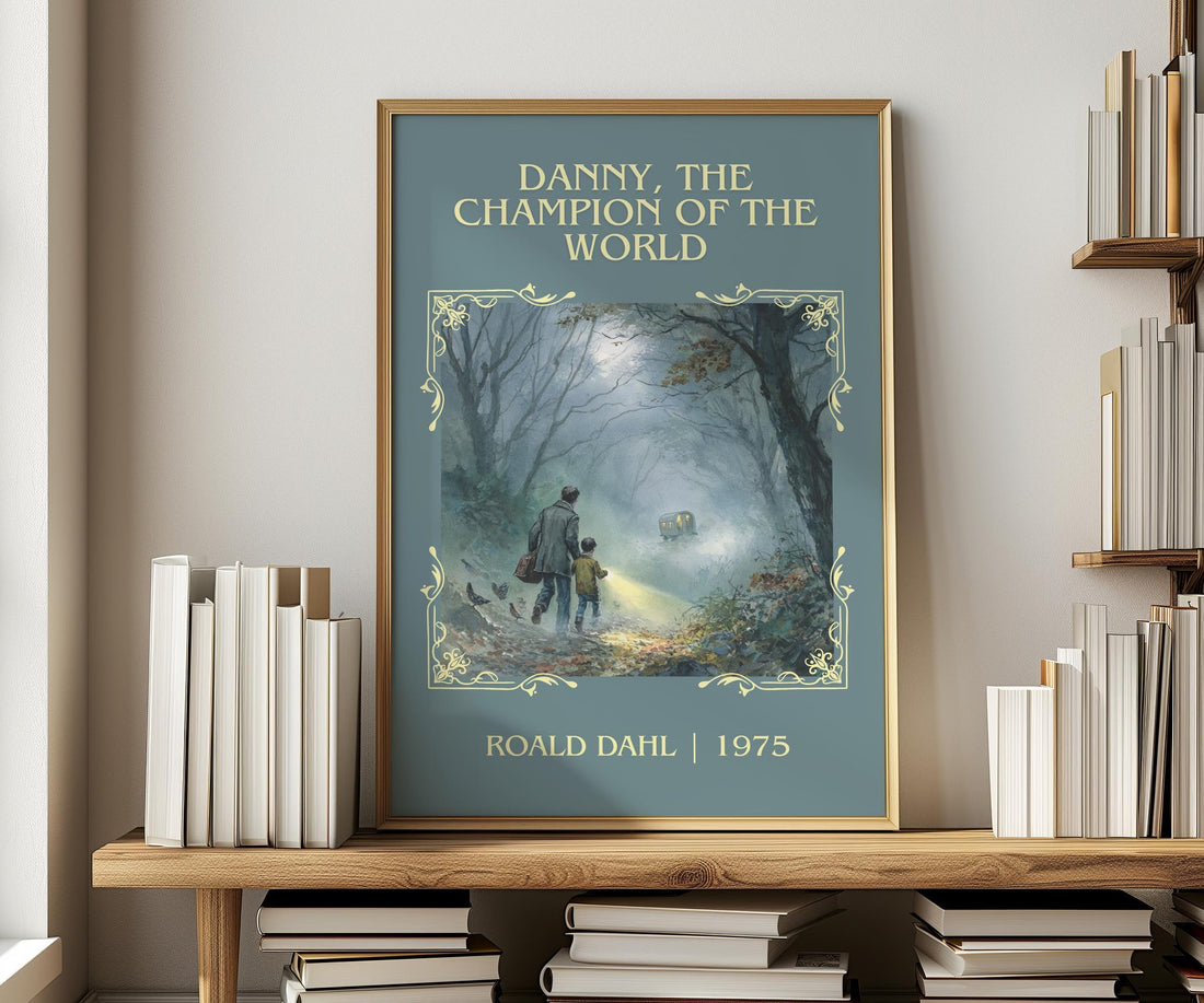 Danny, The Champion Of The World classic book art print in frame leaning in hallway – childrens wall art (mockup)