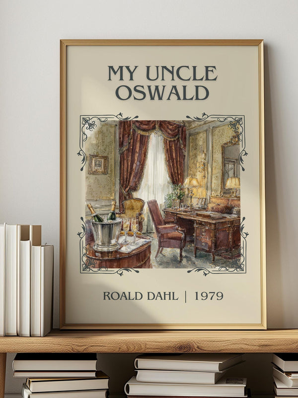 My Uncle Oswald classic book art print in frame leaning in hallway – satire wall art