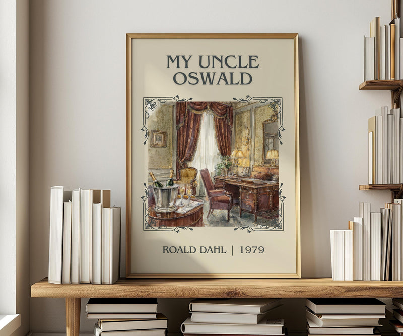 My Uncle Oswald classic book art print in frame leaning in hallway – satire wall art