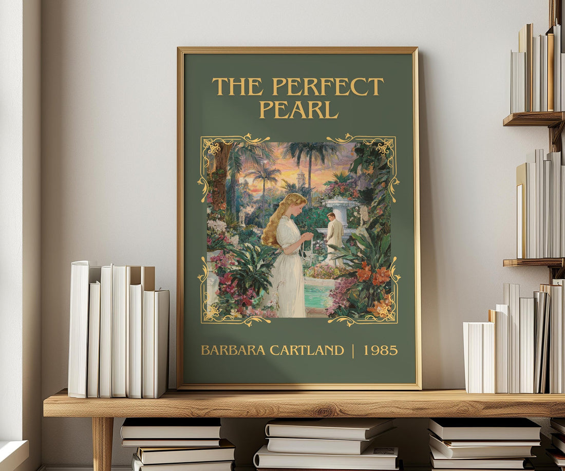 The Perfect Pearl classic book art print in frame leaning in hallway – romance wall art (mockup)