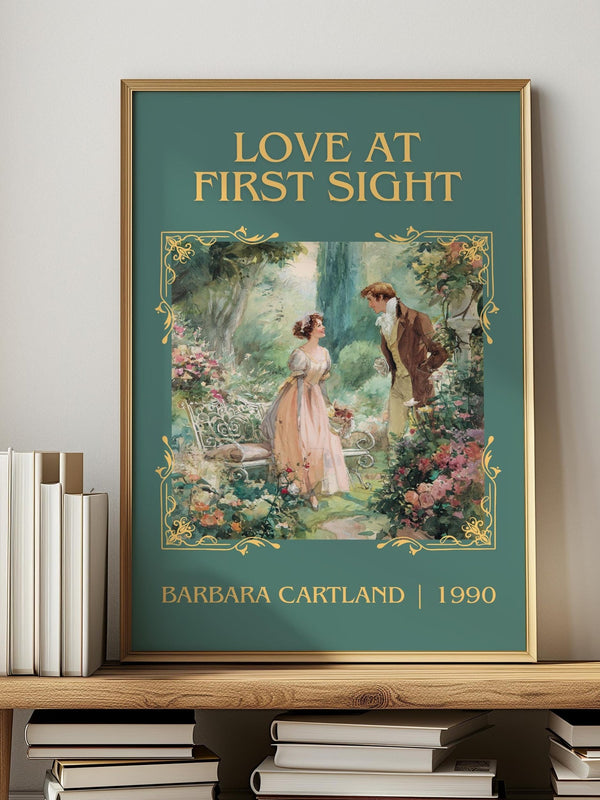 Love at First Sight classic book art print in frame leaning in hallway – romance wall art