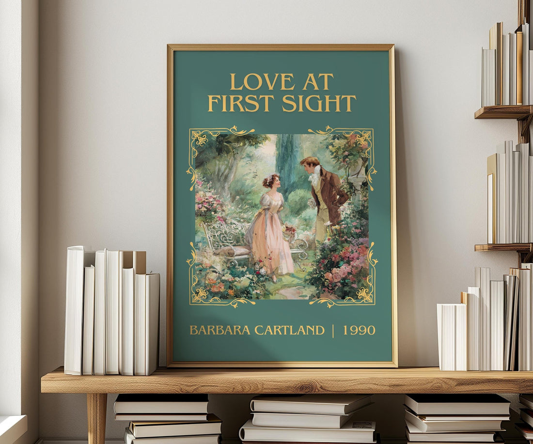 Love at First Sight classic book art print in frame leaning in hallway – romance wall art (mockup)