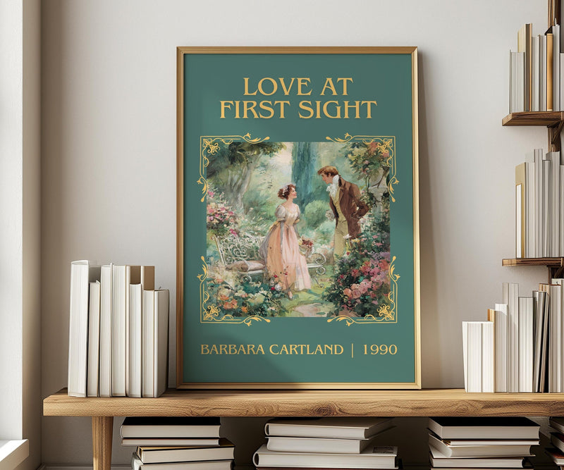 Love at First Sight classic book art print in frame leaning in hallway – romance wall art