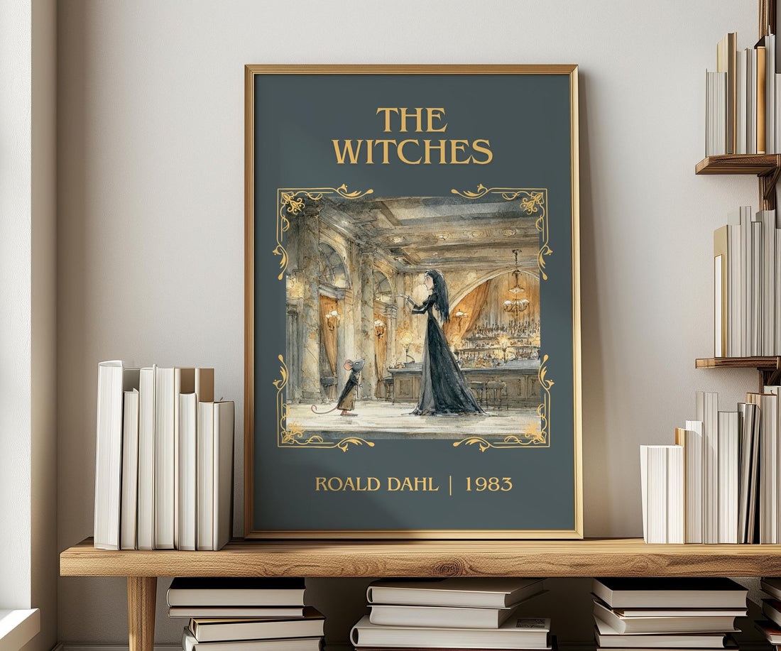 The Witches classic book art print in frame leaning in hallway – childrens wall art (mockup)