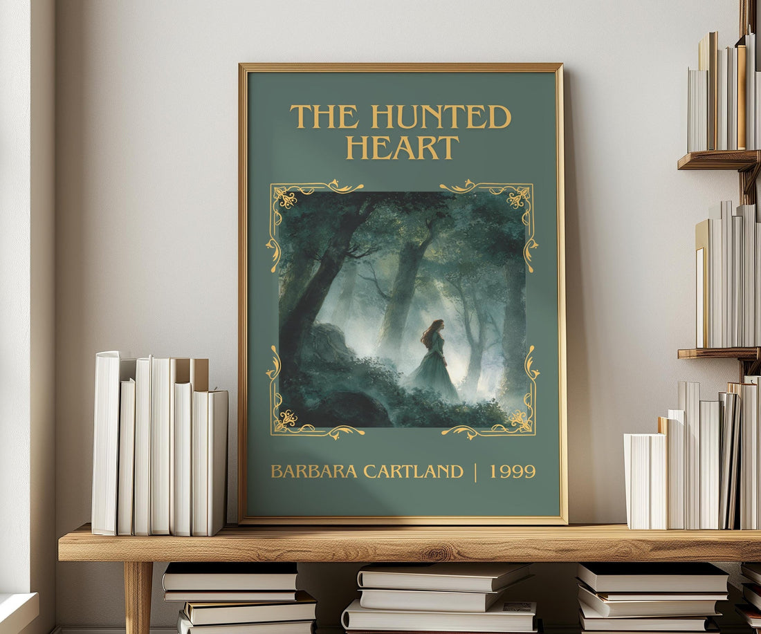The Hunted Heart classic book art print in frame leaning in hallway – romance wall art (mockup)
