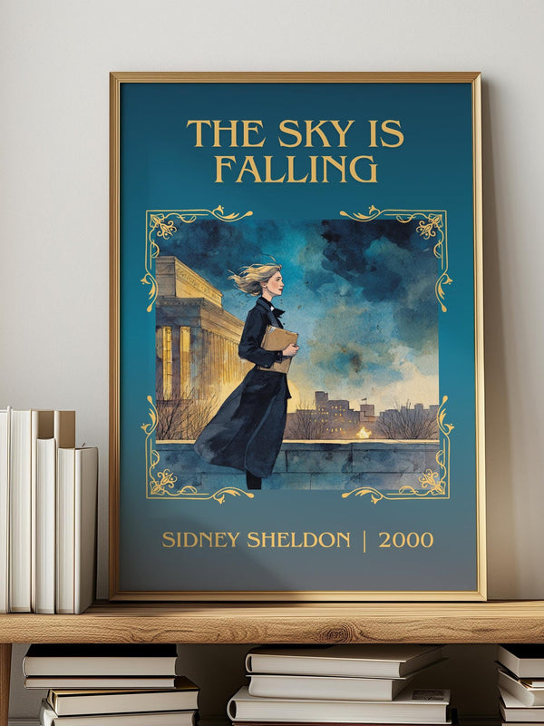 The Sky Is Falling classic book art print in frame leaning in hallway – thriller wall art