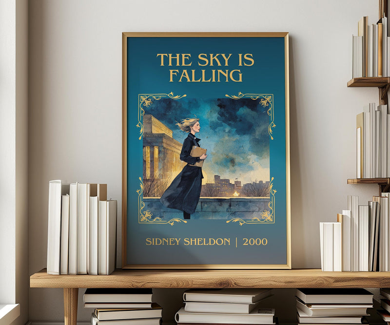 The Sky Is Falling classic book art print in frame leaning in hallway – thriller wall art