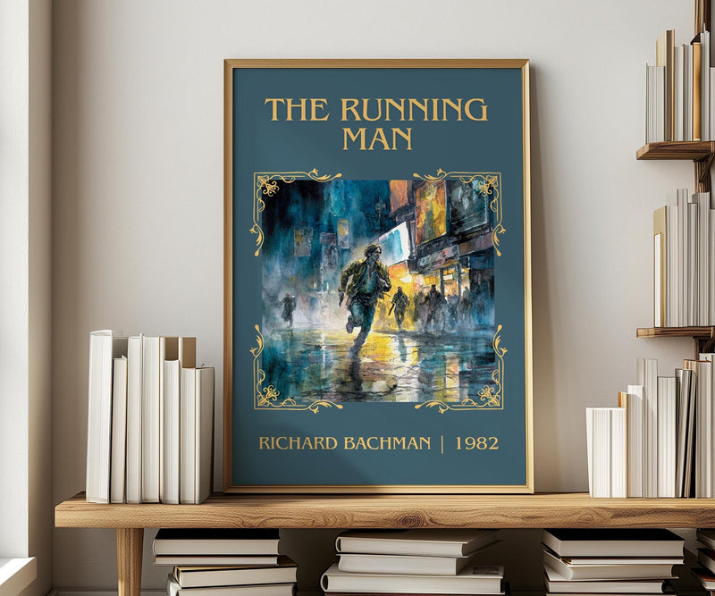 The Running Man classic book art print in frame leaning in hallway – dystopian wall art