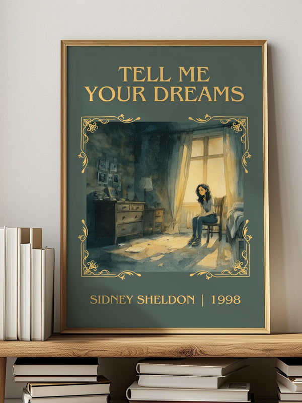 Tell Me Your Dreams classic book art print in frame leaning in hallway – thriller wall art